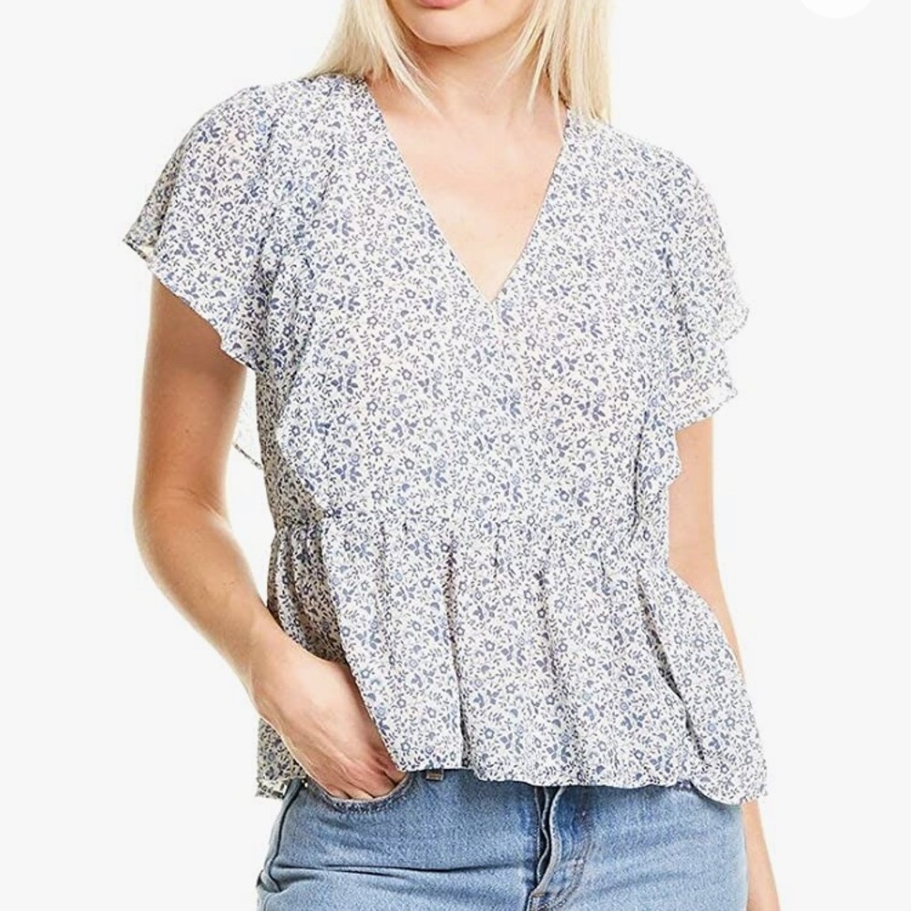 Madewell Georgette Ruffle-Sleeve Peplum Top in Americana Floral